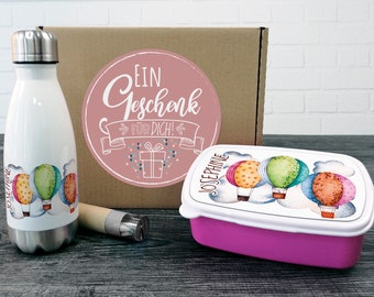 Gift box children drinking bottle with lunch box, hot air balloon gift personalized Christmas, birthday enrollment for girls, set school