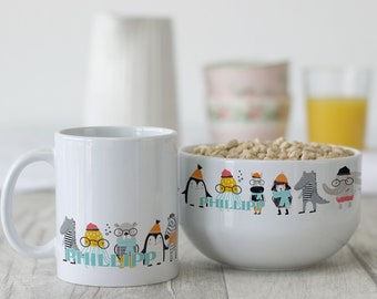 Frühstücksset Kinder mit Namen personalisiert, Geschenk-Set zum Geburtstag, Müslischale, Tasse 3 teiliges Geschenkset, lustige Zootiere