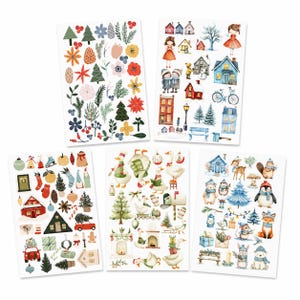 Könnte beinhalten: Fünf rechteckige Aufkleberbögen mit Aquarellillustrationen zu Winter- und Feiertagsthemen. Die Motive umfassen immergrüne Bäume, Häuser, verschneite Landschaften, Gänse, Waldtiere, Geschenke, Christbaumschmuck und festliche saisonale Pflanzen.