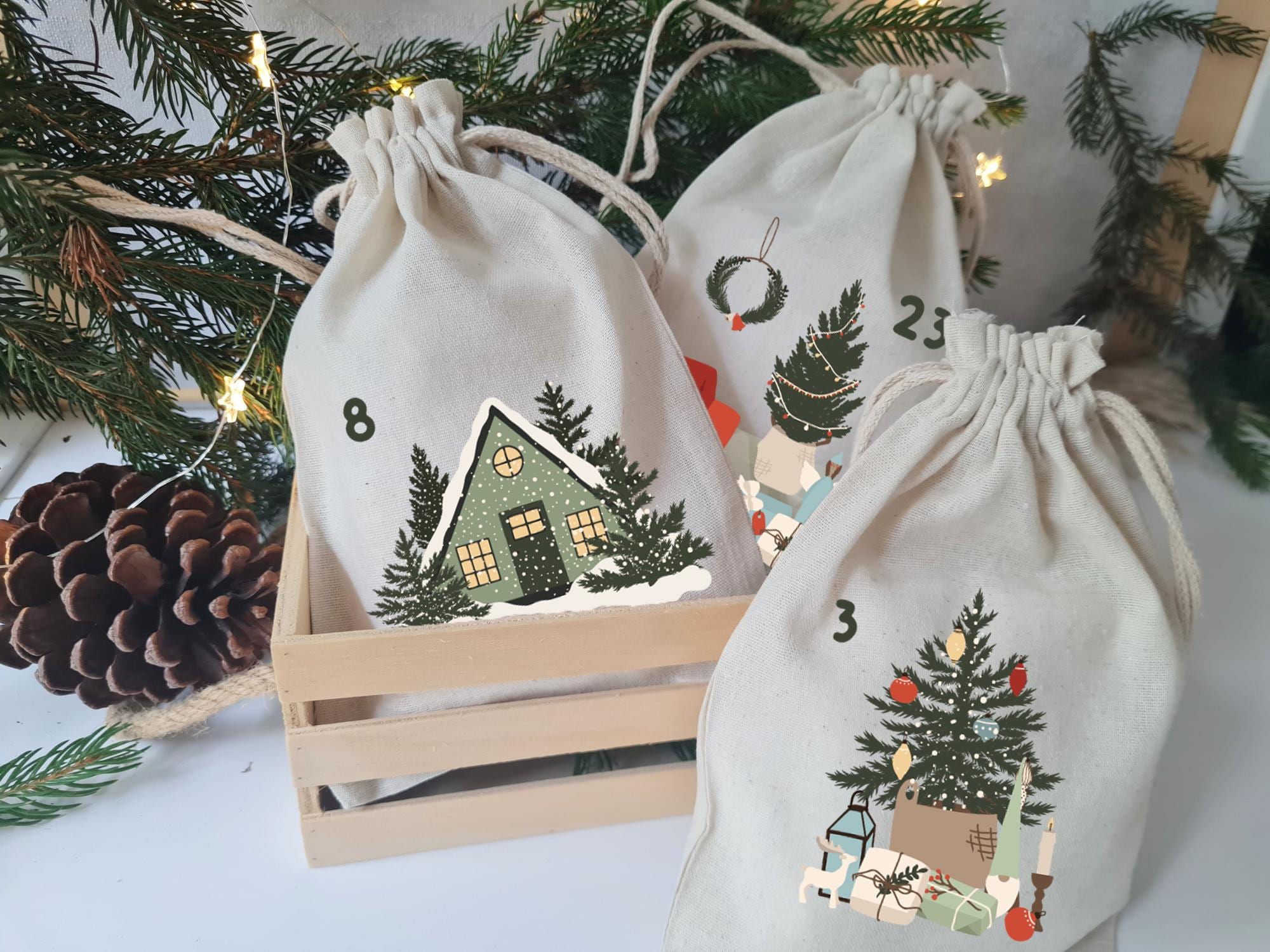Calendario Dell'Avvento Fai Da Te 24 Sacchetti Di Stoffa Con Corda - Verde - Sacchetti Di Iuta Riutilizzabili Da Riempire Per Bambini E Regali Di Natale