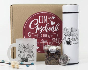 Geschenkbox "Glück ist..." Tee Set mit Thermo-Teeflasche, Tasse aus Glas und Waldfrucht-Tee, Teegeschenk, Geschenk für die Mama, Danke sagen