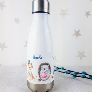 Trinkflasche Kinder, personalisiert mit Namen, Geschenk zur Einschulung Mädchen, Isolierflasche, Wasserflasche Schule Waldtiere Fuchs Igel Bild 7