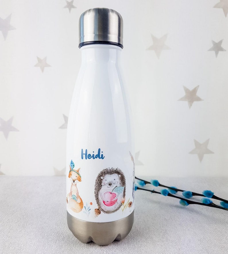 Trinkflasche Kinder, personalisiert mit Namen, Geschenk zur Einschulung Mädchen, Isolierflasche, Wasserflasche Schule Waldtiere Fuchs Igel Bild 7