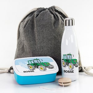 Cadeau pour la rentrée scolaire personnalisé avec nom, motif tracteur, boîte à lunch et gourde incluant sac de sport pour l'école et la garderie, boîte garçon