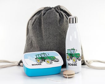 Gift set for school, personalized with name, motif tractor, lunch box, drinking bottle Jojo and bag for school and preschool, boys