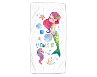 Serviette enfant personnalisée avec prénom, sirène sirène pour fille, serviette de bain câline serviette de douche serviette de plage, cadeau personnalisé