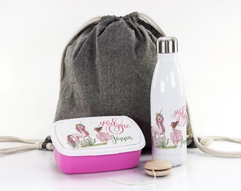 Gift set for school, personalized with desired name, motif unicorn and girl, bread box, drinking bottle and bag for school and daycare