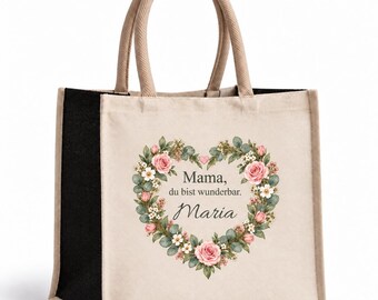 Personalised tote bag for Mum with name, Mother’s Day or birthday gift, choice of 5 watercolour designs, cotton canvas and jute, 17 litres