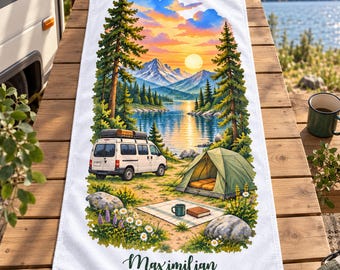 Toalla de camping personalizada con nombre, regalo para campistas con autocaravana/caravana, paisaje acuático en acuarela, 2 tamaños, idea de regalo para aficionados al camping.
