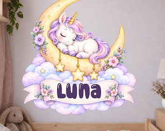 Vinilo decorativo de unicornio personalizado con nombre, luna, nubes y estrellas, adorable decoración infantil en tonos pastel, regalo para nacimiento o bautizo.