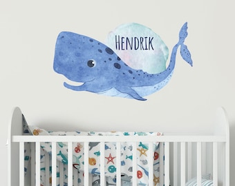 Sticker prénom garçon, baleine mer maritime, chambre enfant chambre bébé, cadeau personnalisé chambre bébé garçon aquarelle cadeau anniversaire