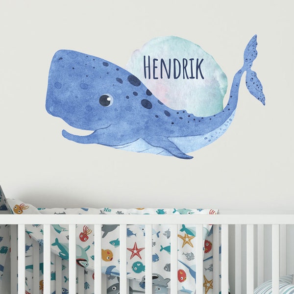 Wandtattoo Junge Name, Wal Meer Maritim, Kinderzimmer Babyzimmer, personalisiertes Geschenk Baby Jungenzimmer Aquarell Geschenk Geburtstag