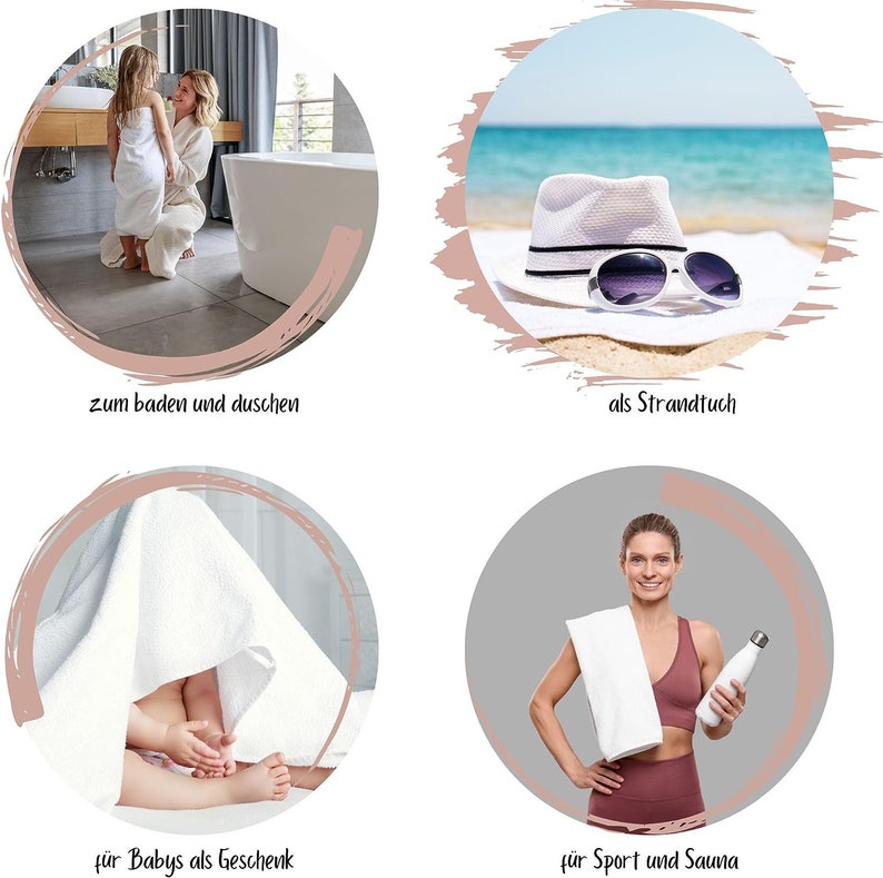 May include: Four images showing different uses for a white towel. The first image shows a child and an adult in a bathroom, the second image shows a white towel on a beach with a hat and sunglasses, the third image shows a baby under a white towel, and the fourth image shows a woman in a gym setting with a white towel around her neck.