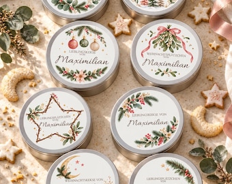 Personalised Christmas biscuit tin with name, eight delicate festive designs, round tinplate cookie storage, thoughtful gift, 19 cm diameter