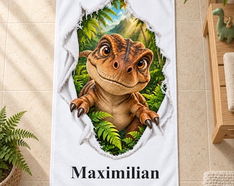 Personalized towel with name, dinosaur dragon unicorn Pegasus torn fabric design, birthday gift, two sizes for bath swimming pool and beach
