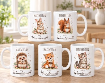Taza personalizada con nombre, "Eres maravilloso/a", erizo, conejo, zorro, ardilla, gato, cerámica de 330 ml con motivos de animales, regalo para amantes de los animales.