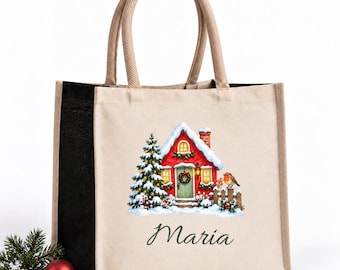 Personalized Christmas tote bag with name, 5 cute winter house designs, cotton canvas jute shopper 30 x 30 cm, thoughtful Christmas gift