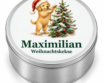 Lata de galletas navideñas personalizada con el nombre que elijas: perro, gato, mapache, pingüino o erizo. Un regalo perfecto para los amantes de los animales.
