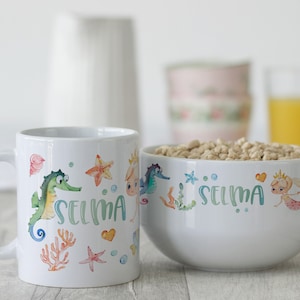 Children's breakfast set personalized with names, birthday crockery set, cereal bowl, 3-piece cup gift set, Mermaid