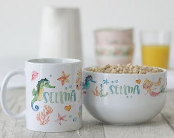 Frühstücksset Kinder mit Namen personalisiert, Geschenk-Geschirrset zum Geburtstag, Müslischale, Tasse 3teilig Geschenkset, Meerjungfrau