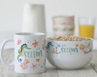 Children&#39;s breakfast set personalized with names, birthday crockery set, cereal bowl, 3-piece cup gift set, Mermaid