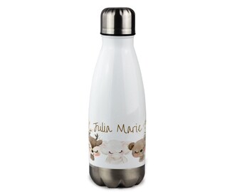 Trinkflasche Kinder, personalisiert mit Namen, Geschenk zur Einschulung Mädchen, Isolierflasche, Wasserflasche Schule Waldtiere