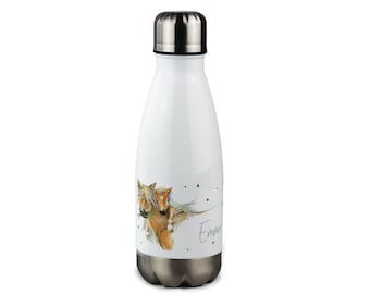 Trinkflasche Kinder, personalisiert mit Namen, Geschenk zur Einschulung Mädchen, Isolierflasche, Wasserflasche Schule Pferd Fohlen braun