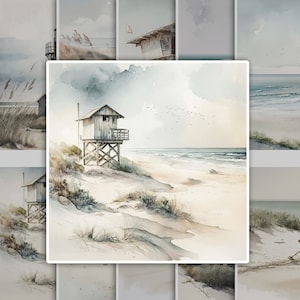 Könnte beinhalten: Ein Aquarellbild eines hölzernen Strandhauses auf Stelzen an einem Sandstrand mit blauem Meer im Hintergrund. Der Himmel ist bewölkt und es fliegen Vögel darüber.