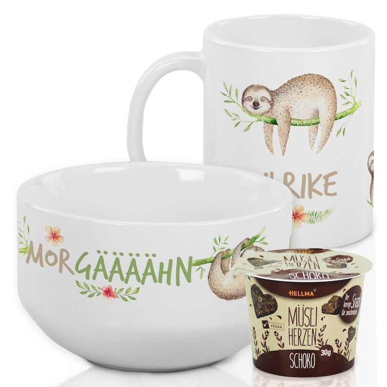 Frühstücksset mit Namen personalisiert, Geschenk-Geschirrset zum Geburtstag / Weihnachten, Müslischale, Tasse 3 teiliges Geschenkset Als Set inkl. Müsli