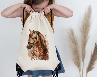 Sac de sport enfants personnalisé avec nom - cheval - sac de sport pour filles, sac à dos sac à linge sac en tissu sac à dos de maternelle