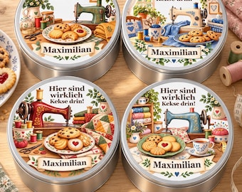 Personalised Sewing Machine Biscuit Tin with Name, Gift for Sewing Lovers, 19 cm Cookie Container, German Slogan, Four Watercolour Designs