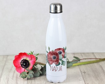 Drinking bottle personalized with name, insulated bottle water bottle for children adults, 500ml, sports bottle gift poppies