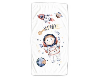 Handtuch Kinder personalisiert mit Namen, Astronaut Rakete für Jungen, kuscheliges Badetuch Duschtuch Strandtuch, Personalisiertes Geschenk