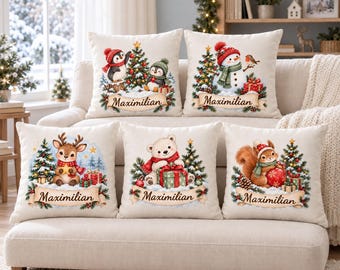 Funda de almohada navideña personalizada con nombre, 40 x 40 cm, para niños, reno, pingüino, oso polar, muñeco de nieve, ardilla, regalo sin relleno