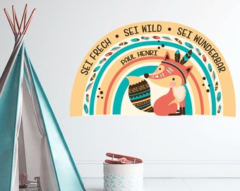 wall decal name rainbow fox - naughty wild and wonderful - nursery baby room, personalized gift birthday, wall sticker sticker