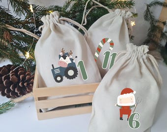 Calendario de Adviento para rellenar (transferencias termoadhesivas o bolsas de yute confeccionadas con los números del 1 al 24) – Calendario navideño de granja DIY de 24 piezas