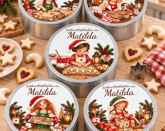 Personalized Christmas cookie tin with name, cute baker girl in five watercolor designs, round tinplate biscuit box 19 cm, gift for bakers