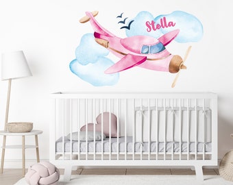 Wall decal girl name, plane pink, nursery baby room, personalized gift baby girl room watercolor gift birthday