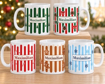 Taza navideña personalizada con nombre, cerámica de 330 ml con rayas, bastón de caramelo, árbol de Navidad, pan de jengibre, copo de nieve, regalo de Navidad