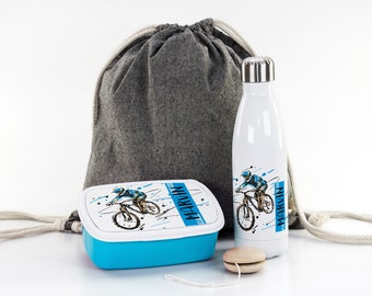 Gift set for school, personalized with name, motif mountainbiker, lunch box, drinking bottle Jojo and bag for school and preschool, boys