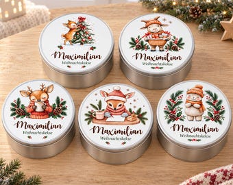 Lata de galletas navideñas personalizada con nombre, ciervo, cabra, cordero, tarro de galletas redondo de hojalata, regalo de Adviento para familiares y amigos.