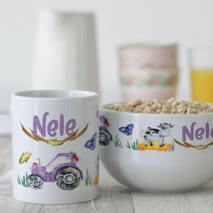 Frühstücksset Kinder mit Namen personalisiert, Geschenk-Geschirrset zum Geburtstag, Müslischale, Tasse 3teilig Geschenkset, lila Traktor