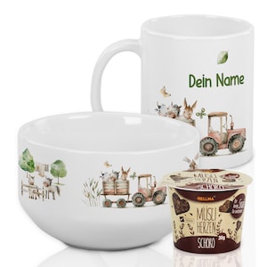 Müslischale & Tasse Trecker für Kinder mit Namen personalisiert Geschirr zum Geburtstag 3teilig Geschenkset Bauernhof Tiere Junge
