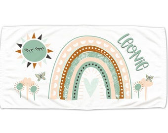 Serviette enfants personnalisé avec nom, arc-en-ciel, soleil pour les filles, serviette de bain câline serviette de douche serviette de plage, cadeau personnalisé