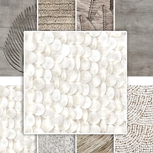 Op de afbeelding: Een collage van verschillende texturen, waaronder hout, geweven materialen en witte schelptegels. De texturen zijn gerangschikt in een rasterpatroon, wat een visueel interessant en tastbaar ontwerp creëert.
