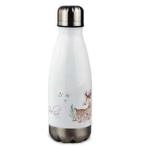 Drinking bottle children, personalized with name, gift for school enrollment girl, vacuum flask, water bottle school fawn with flowers