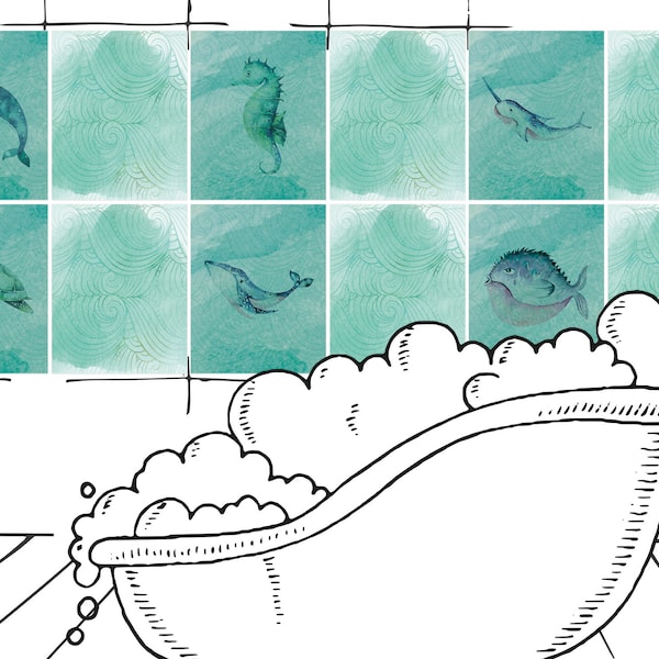 Fliesenaufkleber Bad Wal Schildkröte Seepferdchen, Klebefliesen Fliesensticker Fliesen zum Aufkleben Klebefolie für Badfliesen, 12 Stück