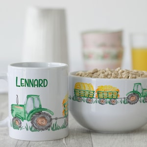 Children&#39;s breakfast set personalized with name, birthday gift crockery set, cereal bowl, cup 3-piece gift set, tractor