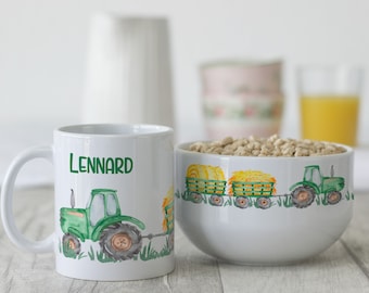 Frühstücksset Kinder mit Namen personalisiert, Geschenk-Geschirrset zum Geburtstag, Müslischale, Tasse 3 teiliges Geschenkset, Traktor