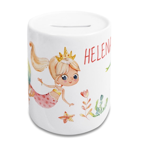 Money box children with name girl, mermaid, gift personalized baptism, birthday motif, watercolor colors, watercolor